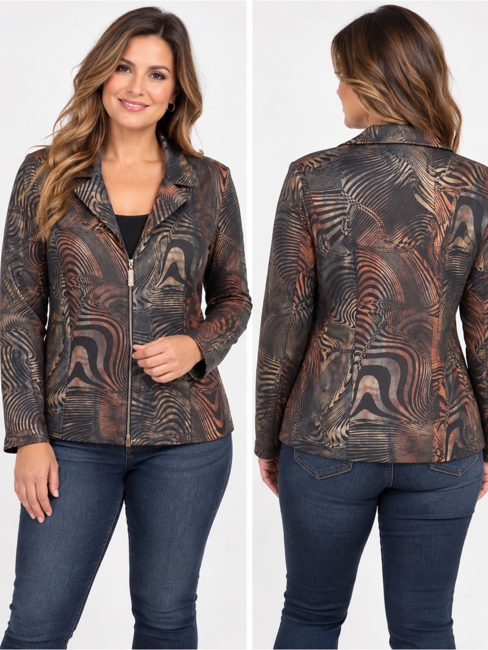 Nuela Canada Abstract Print Zip-Up Jacket Black Bronze Size 12